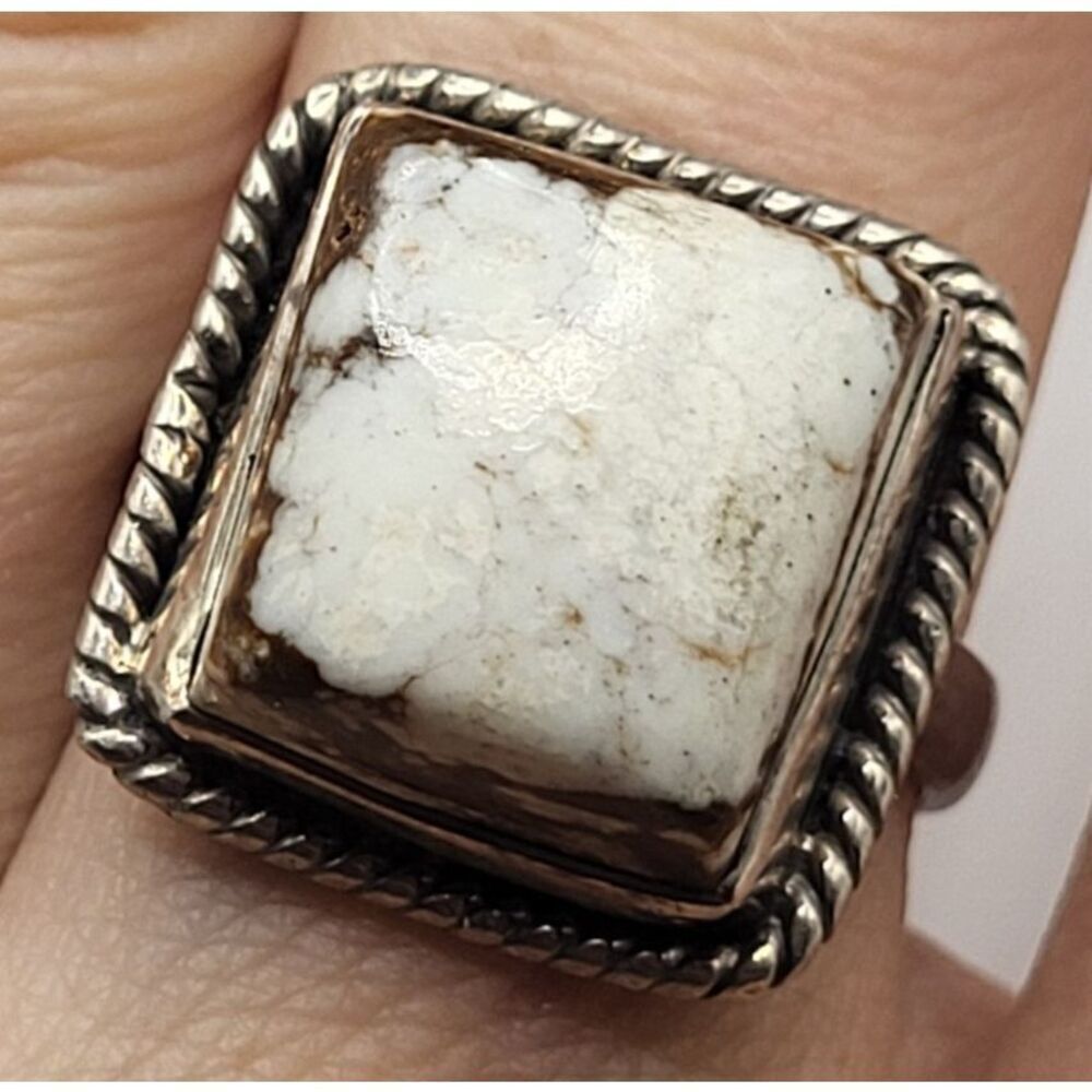 Wild Horse Jasper Magnesite Navajo Rectangle Statement Sterling Ring Size 7.75